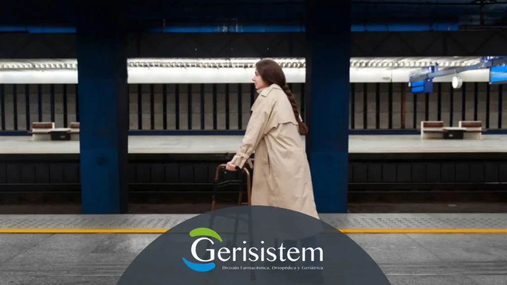 Persona utilizando ayudas de movilidad adaptadas a espacios interiores y exteriores